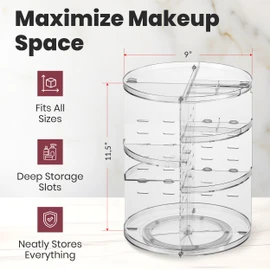 Masirs 360 Rotating Makeup Organizer - Adjustable Shelf Height and Fully Rotatable - The Perfect Round Spinning Cosmetic Organizer for Bedroom Dresser or Vanity Countertop Storage (Clear)