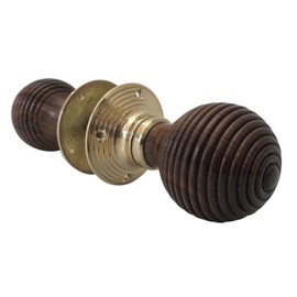 Harrington Marley WOODEN BEEHIVE DOOR KNOBS HANDLE SET BRASS HARDWOOD PAIR VICTORIAN STYLE