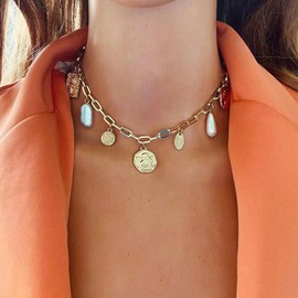 Charm Necklace for Women Summer Beach Choker Necklace Paperclip Chain Necklace Bow Cowboy Boot Starfish Shell Pendant Necklace Beach Vacation Jewelry Summer Stuff