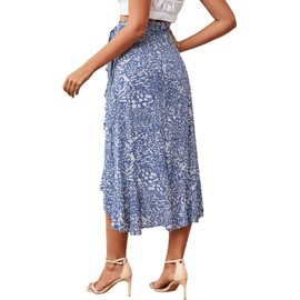 LYANER Women's Boho Floral Print Wrap Front Self Tie Knot Ruffle Hem Slit Midi Skirts Zebra Blue X-Large