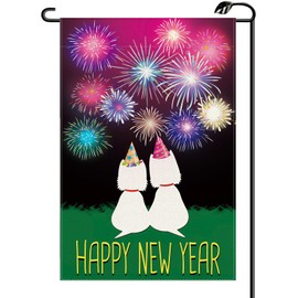 Happy New Year Dogs Garden Flag 12x18 Inch Vertical Double Sided Winter Cute Cats Firework Small Flags Celebrate Party Farmhouse Outside Decoration For Yard (ONLY FLAG) XN13