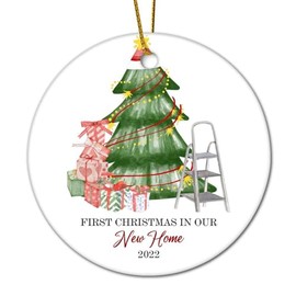 DOREENABE Christmas Hanging Tree Bauble for Family First Christmas in Our New Home Ceramic Keepsake Christmas in New House 2023 Ornament Closing Gift Xmas Decor Stocking Stuffer Couple Gifts