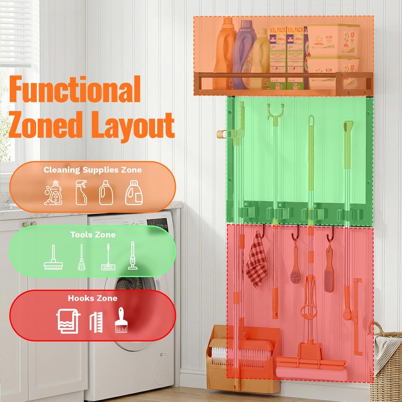 FLOUREE 2 Packs Broom Holder Wall Mount with Shelf Load