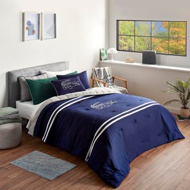 Lacoste Big Croc Comforter Set – 100% Cotton Percale, Reversible Duvet & Pillow Shams, Soft Breathable, Iconic Croc Logo, Navy, Full/Queen