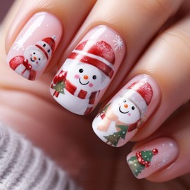 Christmas Press on Nails Medium Square French Tip Fake Nails Pink False Nails with Designs Cute Snowmans & Chrismas Tree Glossy Glue on Nails Xmas Acrylic Nails for Women Girls 24 Pcs