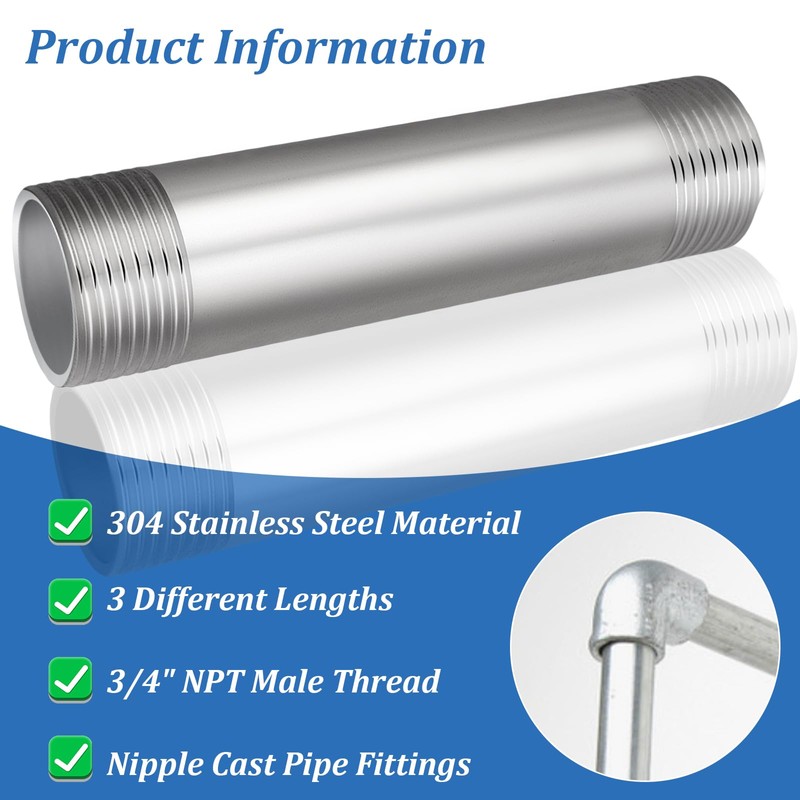 Dexspoeny 3Pcs 304 Stainless Steel Nipple Pipe Fittings 3/4" NPT