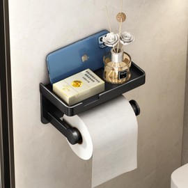 VOLDRA Toilet Paper Holder with Phone Shelf, Self-Adhesive or Screw-in Toilet Tissue Roll Holder Wall Mount, Rustproof & Multifunctional Bathroom Toilet Paper Holder Storage Dispenser(Black)