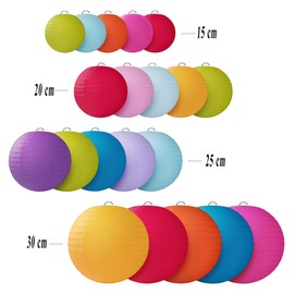 Jangostor 20 PCS Colorful Round Paper Lanterns with Wire Ribbing, Different Sized Lampshades for Weddings, Birthdays,Parties, Rooms and Events - Assorted Sizes of 15, 20, 25, 30 cm (Multi)