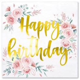 WRAPAHOLIC 50Pcs Gold Floral Happy Birthday Napkins - 3 Ply Disposable Paper Luncheon Napkin for Birthday Tableware Party Supplies - 6.5 x 6.5 In