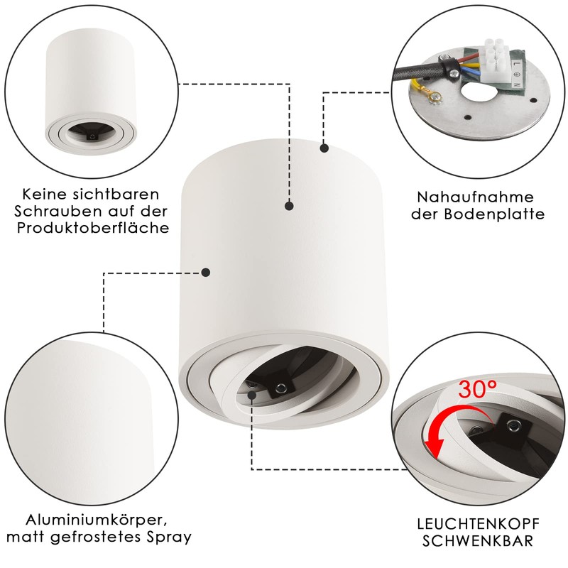 Gleonlux LED Surface-Mounted Spotlight, Flat Swivelling Spot Light, 230 V