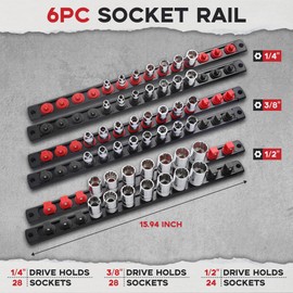 Reniteco 6-Piece Magnetic Socket Organizer, Heavy Duty Aluminum Socket Rails Organizer, 360° Swivel Clips Socket Holder Kit for Tool Box, 1/2, 3/8, 1/4-Inch Socket Holder x 80 Clips (Red&Black)