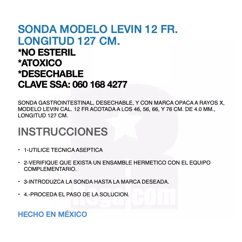 DM Sonda Gastrointestinal Levin 12 Fr Paquete Con 10 Piezas