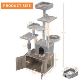 Cat Tree with Litter Box Enclosure Large, Multilevel Cat Play House with Large Condo, Spacious Hammock, Cozy Top Perch,Scratching Post and Dangling Balls,Wooden Cat Furniture for Indoor Cats,Grey