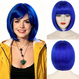 Blue Bob Wig for Women Short Straight Bob Wig with Bangs Heat Resistant Synthetic Colorful Funny Wig for Party Cosplay Costume Halloween Use (12 Inch)