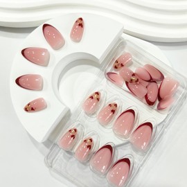 24Pcs Red French Tip Press on Nails Short Almond Fake Nails with Red Heart Glitter Designs Valentine's Day Acrylic Nails Cute Gel Glue on Nails Valentines False Nails for Women Girls