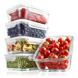 NutriChef 10-Piece Superior Glass Food Storage Containers Set (5 Containers + 5 Locking Lids),Stackable Meal-prep Design, BPA-free Airtight Clear Locking lids with Vent Lids & Air Hole, NCCLX5