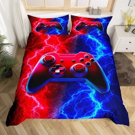 Video Games Duvet Cover Set Double Size, Red-Blue Lightnings Gamepad Bedding Set 3pcs for Kids Boys Teens Room Decor, Modern Gamer Comforter Cover Children Gaming Quilt Cover with 2 Pillowcases
