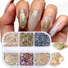 Holographic Nail Art Glitter Sequins Kits, 3D Sparkly Nail Art Foil Flakes Nail Art Supplies Shiny Acrylic Nails Powder Dust Rose Gold Confetti Nail Art Decoration Sparkles for Manicure Tips 6 Colors
