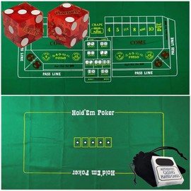 Craps & Texas Hold'em Poker Essentials Set: 2-Sided 6ft x 3ft Felt Layout, Las Vegas Casino Table-Played Dice & Cards, Plus Storage Pouch (Harrah's (Red Polished))