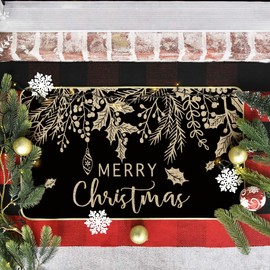 Artoid Mode Black Holly Mistletoe Merry Christmas Doormat, Xmas Winter Home Decor Low-Profile Switch Rug Door Mat Floor Mat for Indoor Outdoor 17x29 Inch