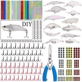 Unpainted Fishing Lures DIY Crankbaits Minnow Kit - 321PCS Blank Hard Bait Lure Set Including Fishing Pliers, Treble Hook, Split Rings, Fishing Lure Eyes and Fishing Stickers Fishing Tackles