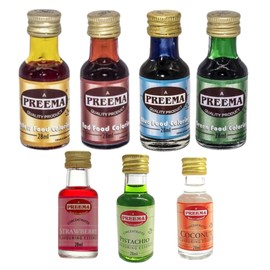 4X28ml Food Coloring (Red, Blue, Green, Yellow) + 3X28ml Flavoring Set (Variations) - Vegetarian, Non-Alcoholic (+ strawberry, coconut, pistachio)