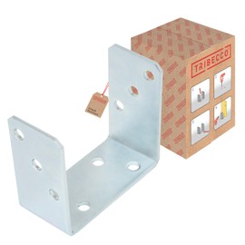 TRIBECCO® U-post shoe for screwing on, U-support shoe 121 x 60 x 115 mm for square wooden posts, hot-dip galvanised flat steel, 4 m, post anchoring for doweling