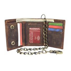 Men's RFID Blocking Trifold Vintage Leather Biker Chain Wallet With Snap Closure (Brown Cross on Hill)