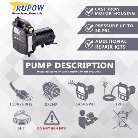 TRUPOW Cast Iron Water Transfer Pump, 115V AC 1/2HP 1450 GPH, Portable Heavy Duty Hi...