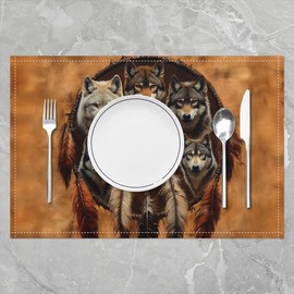 Feelyou Wolf Placemats Set of 4 18"x12" Brown Placemat for Kitchen Dining Table Decor Dreamcatcher Table Place Mats Boho Dream Catcher Decor Decor Table Place MatsIndian Hippie Feather Print