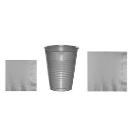 Baxters Party Bundles Bulk, Silver, 40 Count 16 Ounce Plastic Cups, 50 Count Beverage Cocktail Paper Napkins, 50 Count Luncheon Paper Napkins, Pack Contains 140 Pieces Made in the USA