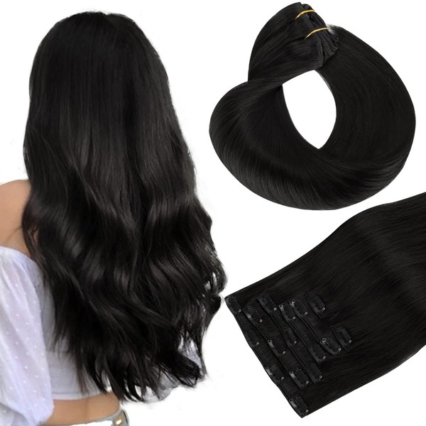 hotbanana Clip-In Hair Extensions, Deep Black, 50 cm, 120 g, 7 Pieces Clip-In Hair Extensions, Real Hair, Straight, Remy Clip-in Hair Extensions