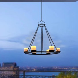Outdoor Chandelier Solar, Hanging Candle Lantern with 7pcs Solar Powered Votive Lights in Matt Black Finished Metal Candle Holders for Home, Garden, Backyard, Pergola, Gazebo, Tree, Window Decor