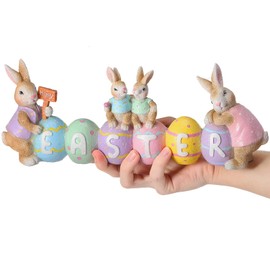 Menkxi Large Easter Table Decorations 13 x 5.9 x 2 Inch Bunny with Egg Figurines Jumbo Easter Spring Sculpture Glitter Cute Bunny Colorful Egg Centerpiece for Home Indoor Easter Tabletop Decoration