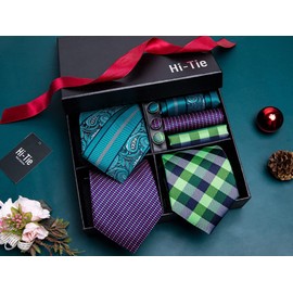 Hi-Tie 3 Pcs Gift Box Mens Tie Set Necktie with Pocket Square Cufflinks Lapel Pin Silk Neck Tie Collection,Teal Green Purple