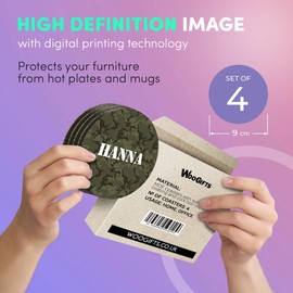 4 x Boxed Round Coasters - Name Hanna Camouflage Army Military Letter Lettering Initial Cork Backed MDF Glossy Tea Coffee Accessory #271362