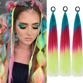 PORSMEER 3 Pcs Rainbow Hair Extensions With Elastic Tie,3 Tone Mermaid Hair for Braiding Crochet,Synthetic Braided Ponytail Extension for Women,Glitter Hair for Festival/Party(Green/Red/Yellow)