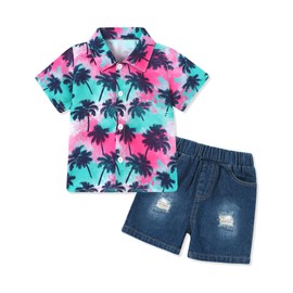 Coco&RARA Toddler Baby Boy Clothes Summer Beach Outfits Hawaiian Short Sleeve Button Down Shirts+Denim Shorts Casual Set (Colorful - Palm Trees, 12-18M)