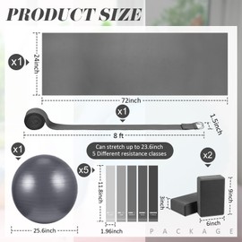 10 Pcs Yoga Starter Kit Include Yoga Mat with Carry Strap, 2 Yoga Blocks, Yoga Strap, Yoga Pilates Ball, 5 Resistance Bands with Air Pump Yoga Mat Set and Kit for Beginners Women and Men (Gray)