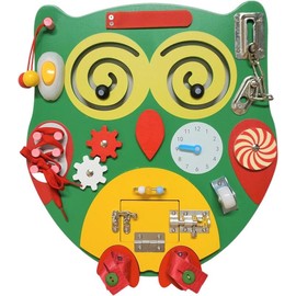 SENSORY4U Owl Sensory Wooden Activity Busy Board - Wood Montessori Experience - Quiet Play Latches Tying Spinning Buttoning