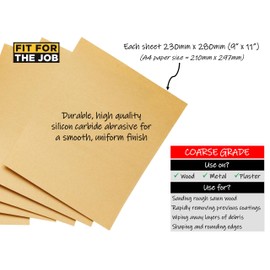 Fit For The Job 25 große Blätter im A4-Format, grobes Schleifpapier zum Schleifen von Holz, Möbeln, Metall, Putz für Heimwerkerarbeiten, Dekorieren und mehr, 230mm x 280mm