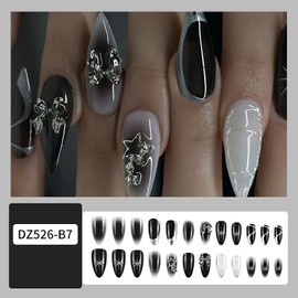 FIEONCIY Press on Nails Almond Shape-Glossy Full Cover Acrylic Black False Nails with Star Bow Designs Artificial Medium Almond Pointed Fake Nails Glue ons Nails Stick on Fingernails for Women