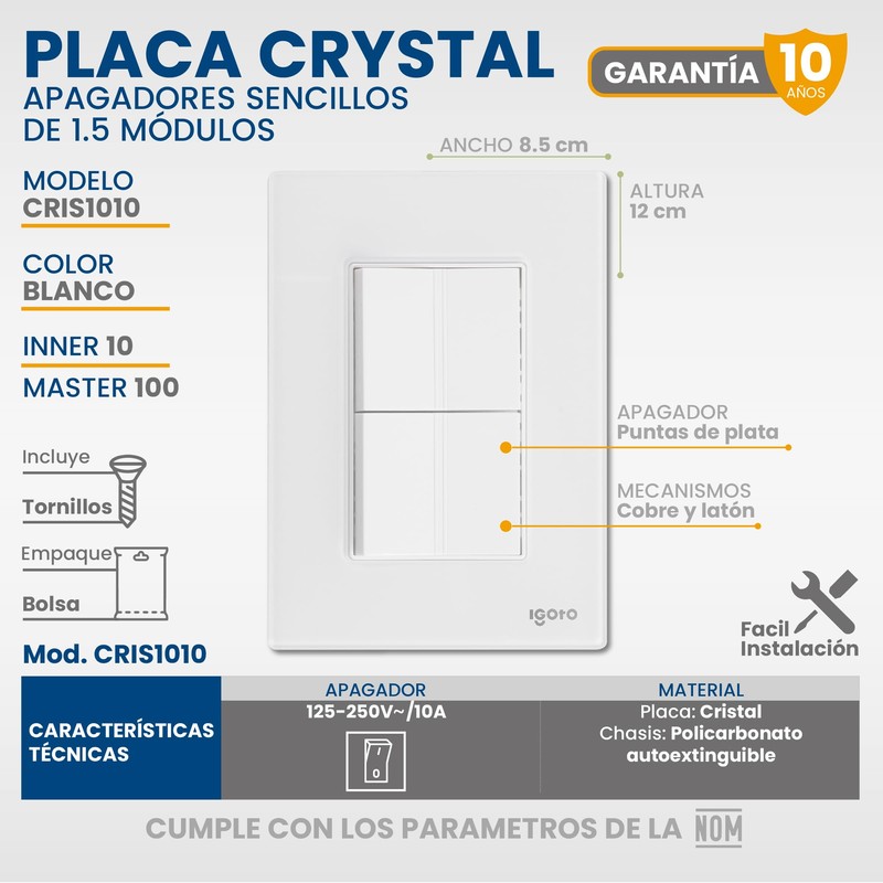 Placa Armada Cristal con 2 Apagadores Sencillos de 1.5 Módulos
