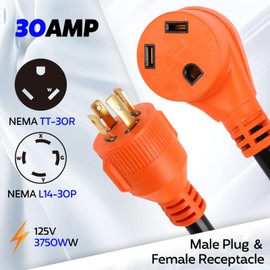 RV Generator Adapter NEMA L14-30P to TT-30R Camper Plug, 4 to 3 Prong Dryer Adapter with Handle, Heavy Duty 30 Amp Twist Lock to Inlet Box, Waterproof 4 Prong Range Generator Cord ETL Listed