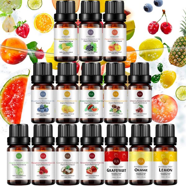 Top 15 Fruit Essential Oil Set 10ml, Aromatherapy 100% Pure Essential Oil (Grapefruit, Coconut, Peach, Strawberry, Mango, Apple, Watermelon, Orange, Lemon, Cherry, Pineapple, Blueberry, Grape, etc.)