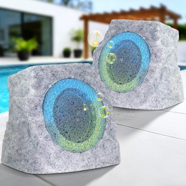 2 Pack Solar Rock Speakers Outdoor Waterproof Patio with Lights Color,Multi-Sync Up to 100 Speakers Pairing Solar Powered Rock Speaker Rechargeable for Pool Party Yard Outside