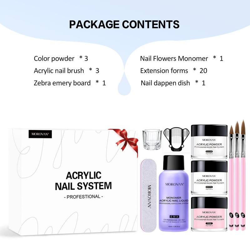 Morovan Acrylic Nail Kit: Clear Pink White Powder and Professional