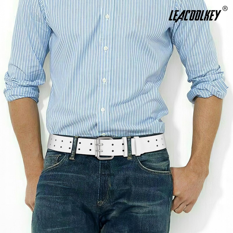LEACOOLKEY Double Prong Leather Belts for Men PU Leather Work