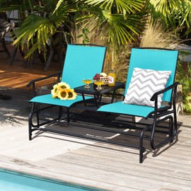 FANTASK 2 Person Outdoor Glider Bench w/Tempered Glass Table, Swing Patio Glider Chair with Steel Frame & Breathable Seat, Double Rocking Chair for Porch, Poolside, Patio, Garden (Turquoise)