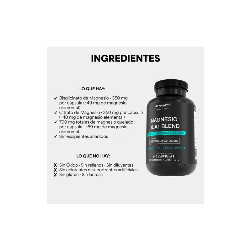 Magnesio Dual Blend Genfinity - 240 Cáps Citrato Y Glicinato